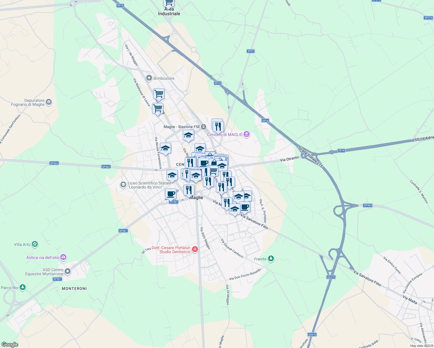 map of restaurants, bars, coffee shops, grocery stores, and more near 40 Via Indipendenza in Maglie
