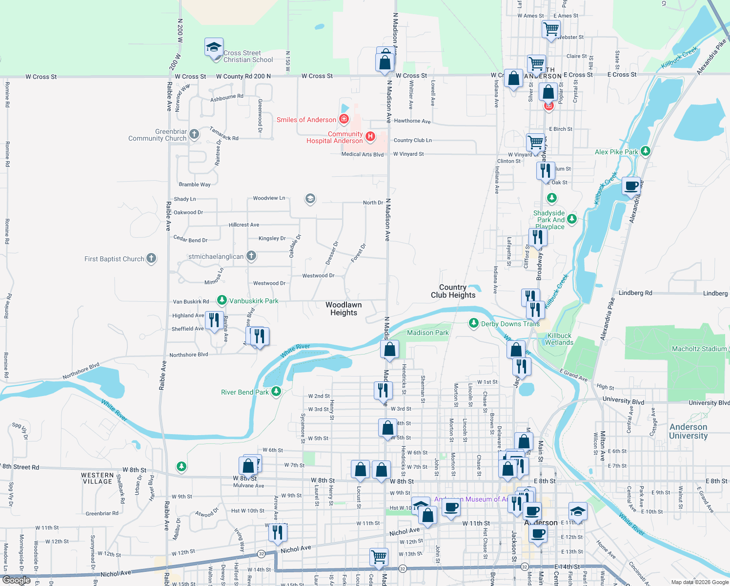 map of restaurants, bars, coffee shops, grocery stores, and more near 1200 Van Buskirk Rd in Anderson