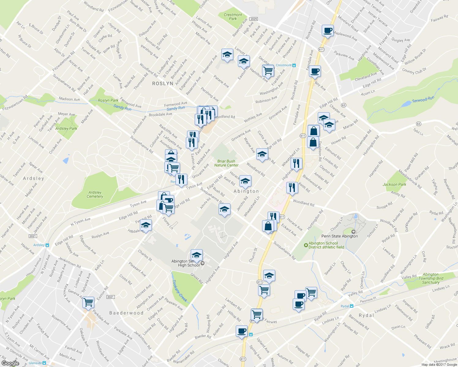 map of restaurants, bars, coffee shops, grocery stores, and more near 2138 Kent Road in Abington