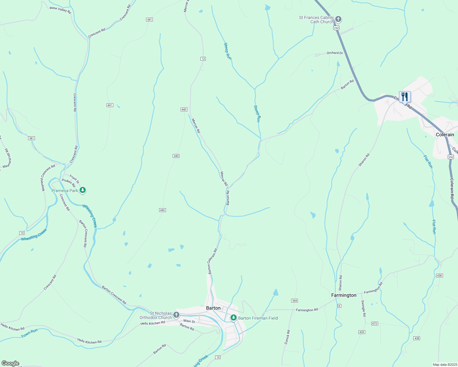 map of restaurants, bars, coffee shops, grocery stores, and more near 71350 Mercer Road in Saint Clairsville