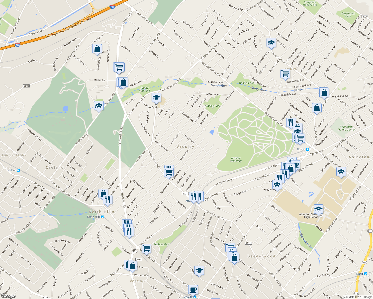 map of restaurants, bars, coffee shops, grocery stores, and more near 746 Maple Avenue in Glenside