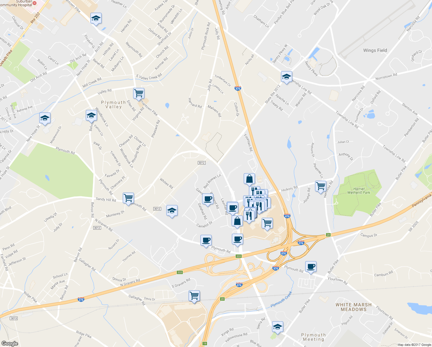 map of restaurants, bars, coffee shops, grocery stores, and more near 5 Summit Court in Plymouth Meeting