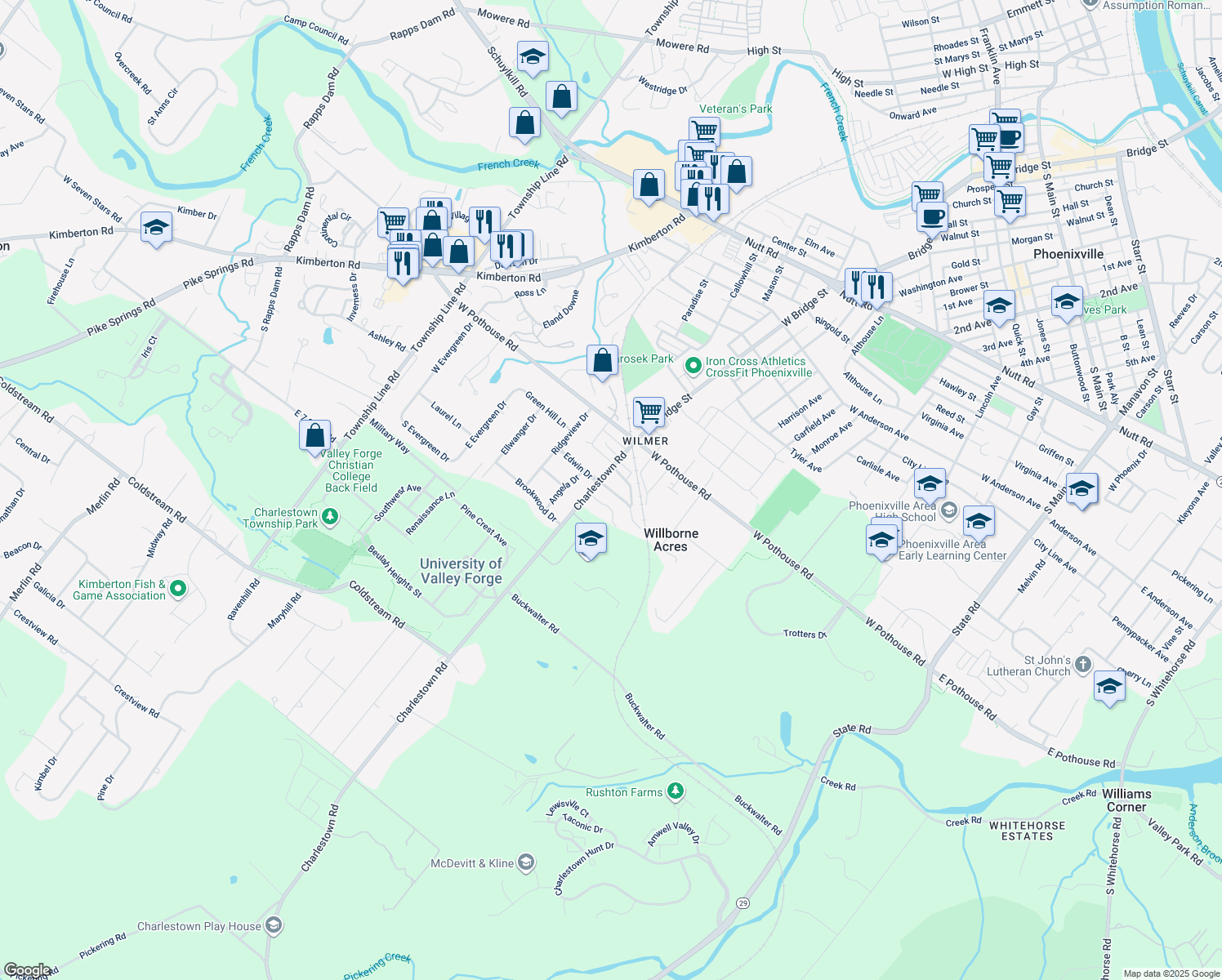 map of restaurants, bars, coffee shops, grocery stores, and more near 8 Rosewood Lane in Phoenixville