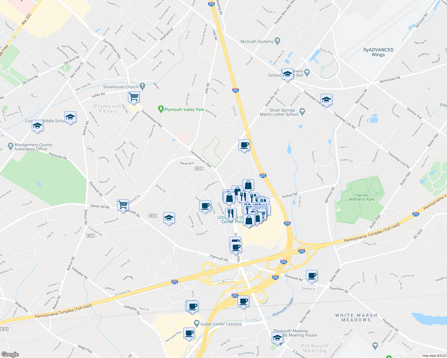 map of restaurants, bars, coffee shops, grocery stores, and more near 676 West Germantown Pike in Plymouth Meeting