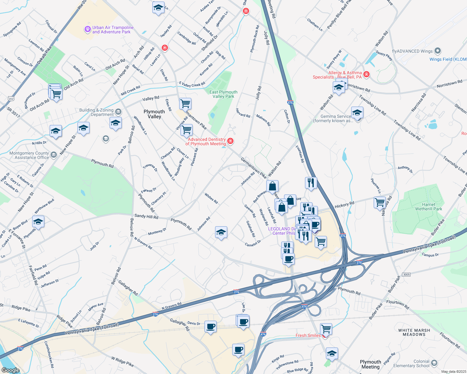 map of restaurants, bars, coffee shops, grocery stores, and more near 1921 Johnson Road in Plymouth Meeting