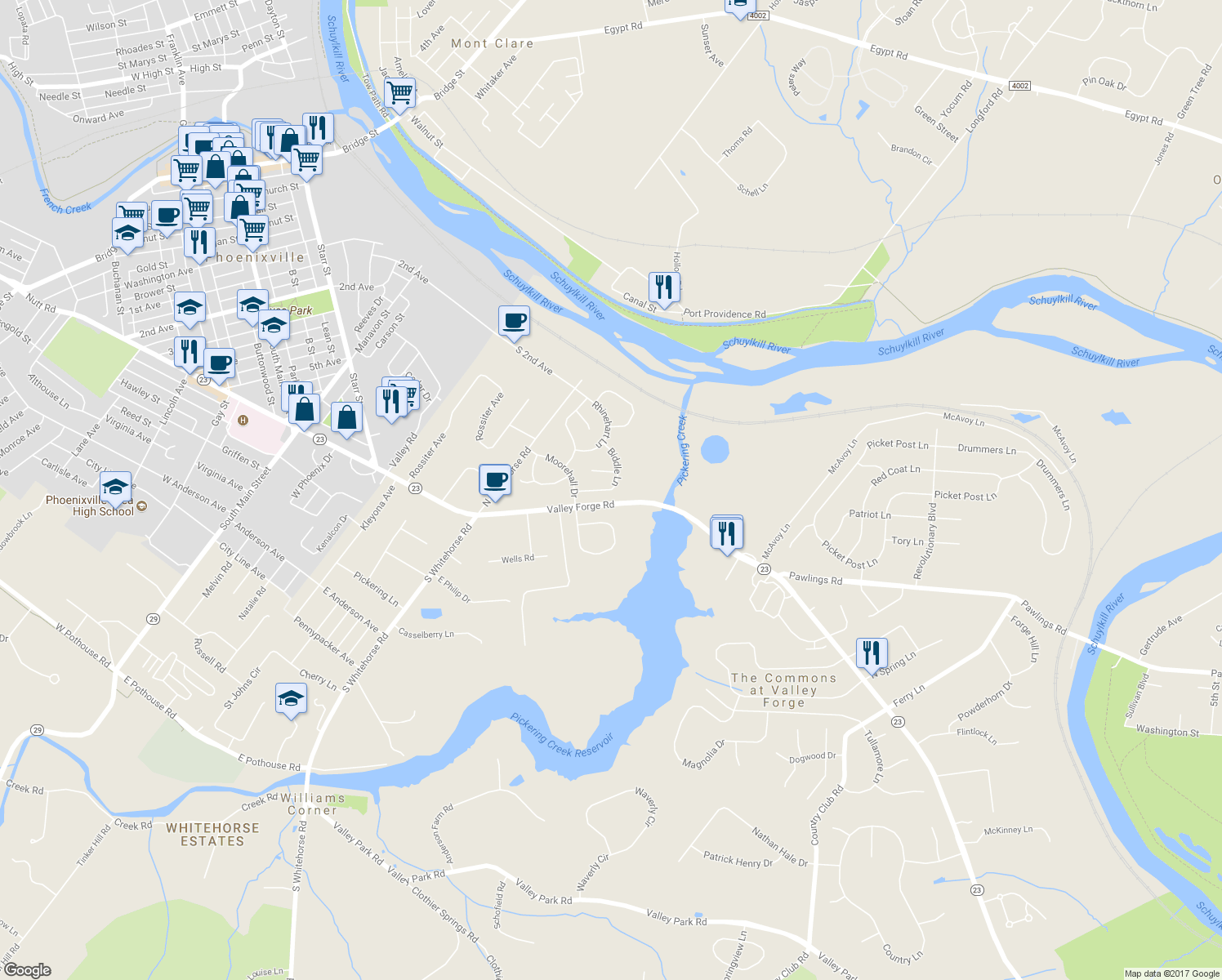 map of restaurants, bars, coffee shops, grocery stores, and more near 914 Biddle Lane in Phoenixville