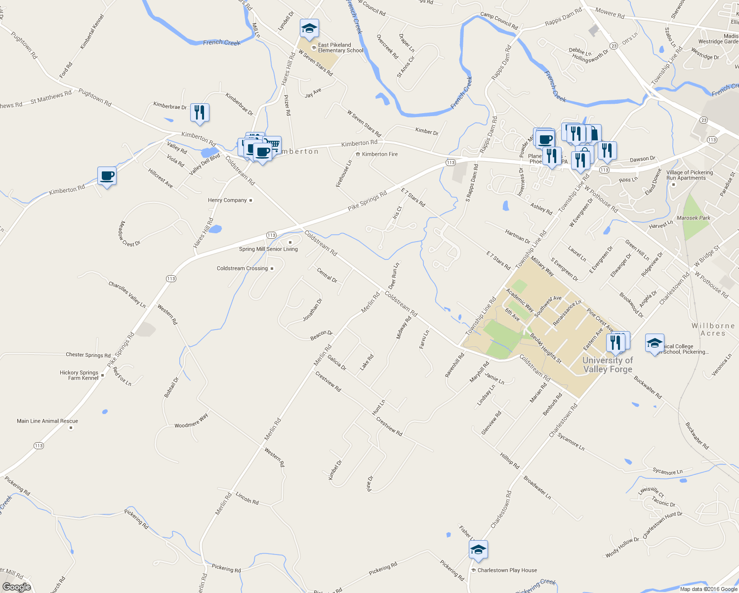 map of restaurants, bars, coffee shops, grocery stores, and more near 107 Merlin Road in Phoenixville