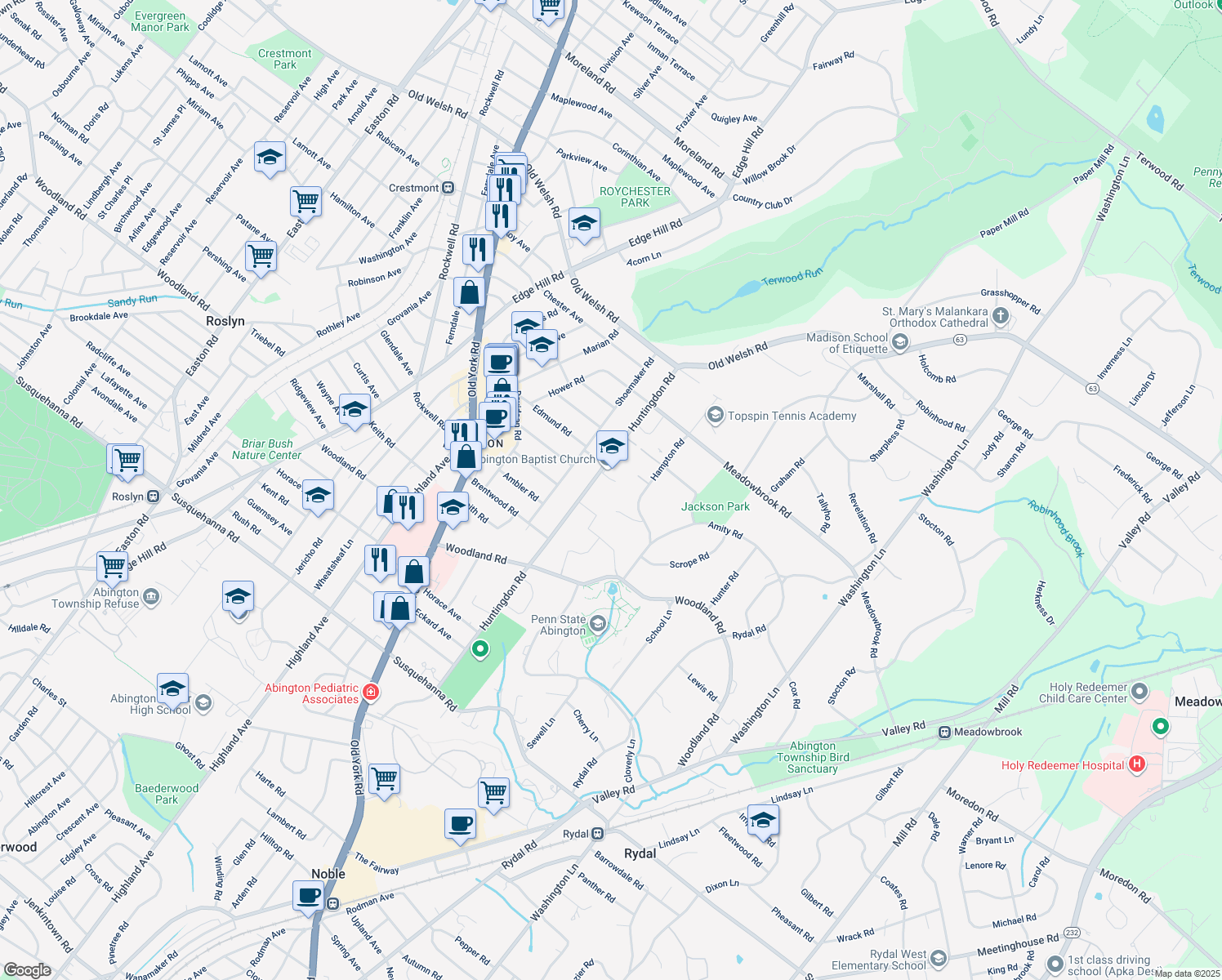 map of restaurants, bars, coffee shops, grocery stores, and more near 1497 Huntingdon Rd in Abington