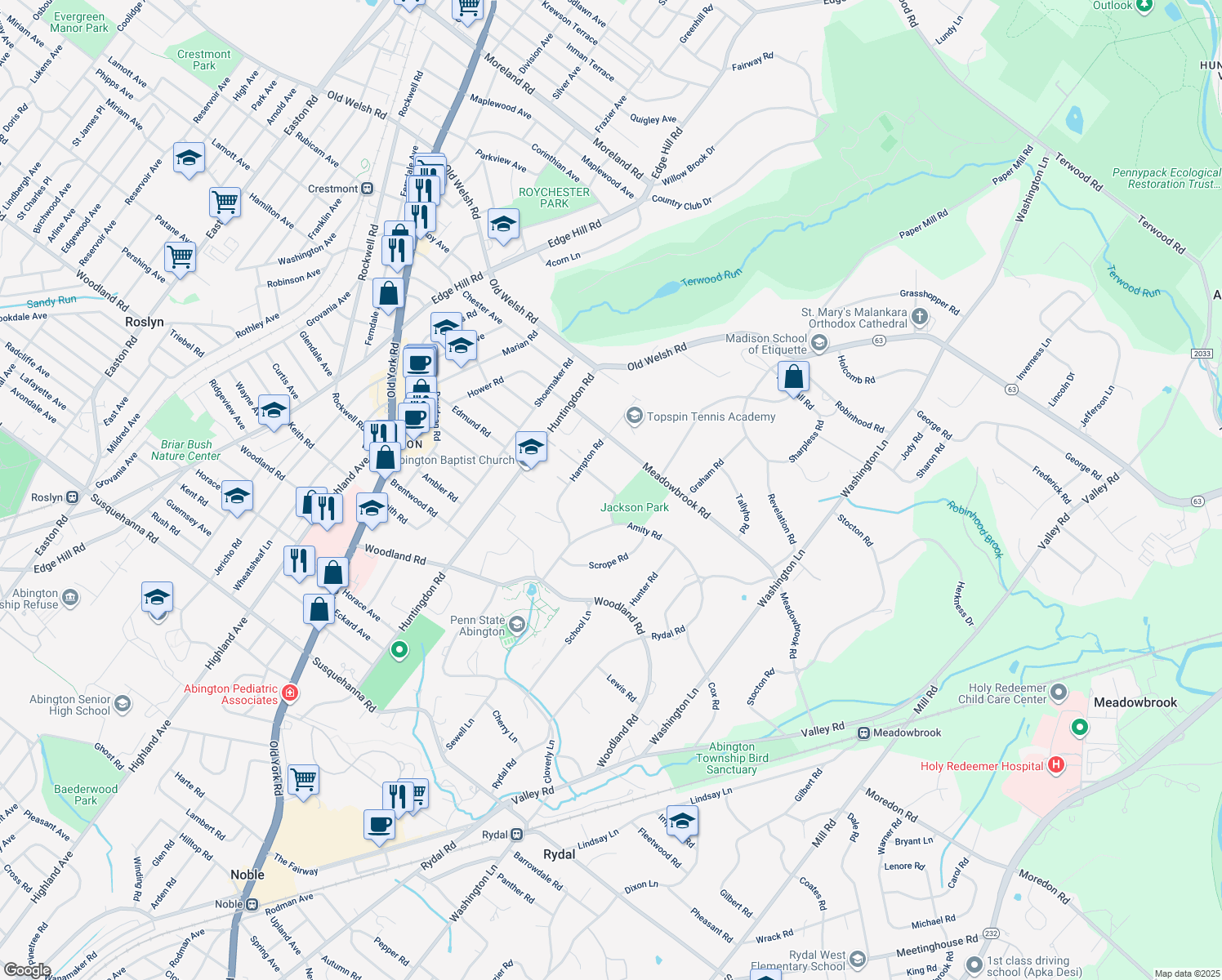 map of restaurants, bars, coffee shops, grocery stores, and more near Sherwood Road in Rydal