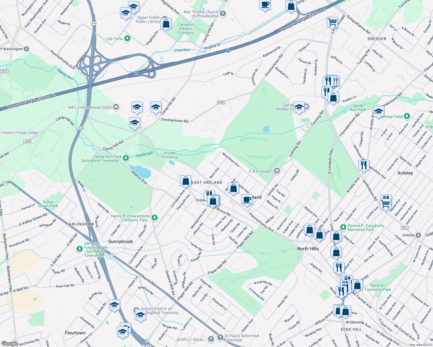 map of restaurants, bars, coffee shops, grocery stores, and more near 118 Rech Avenue in Oreland