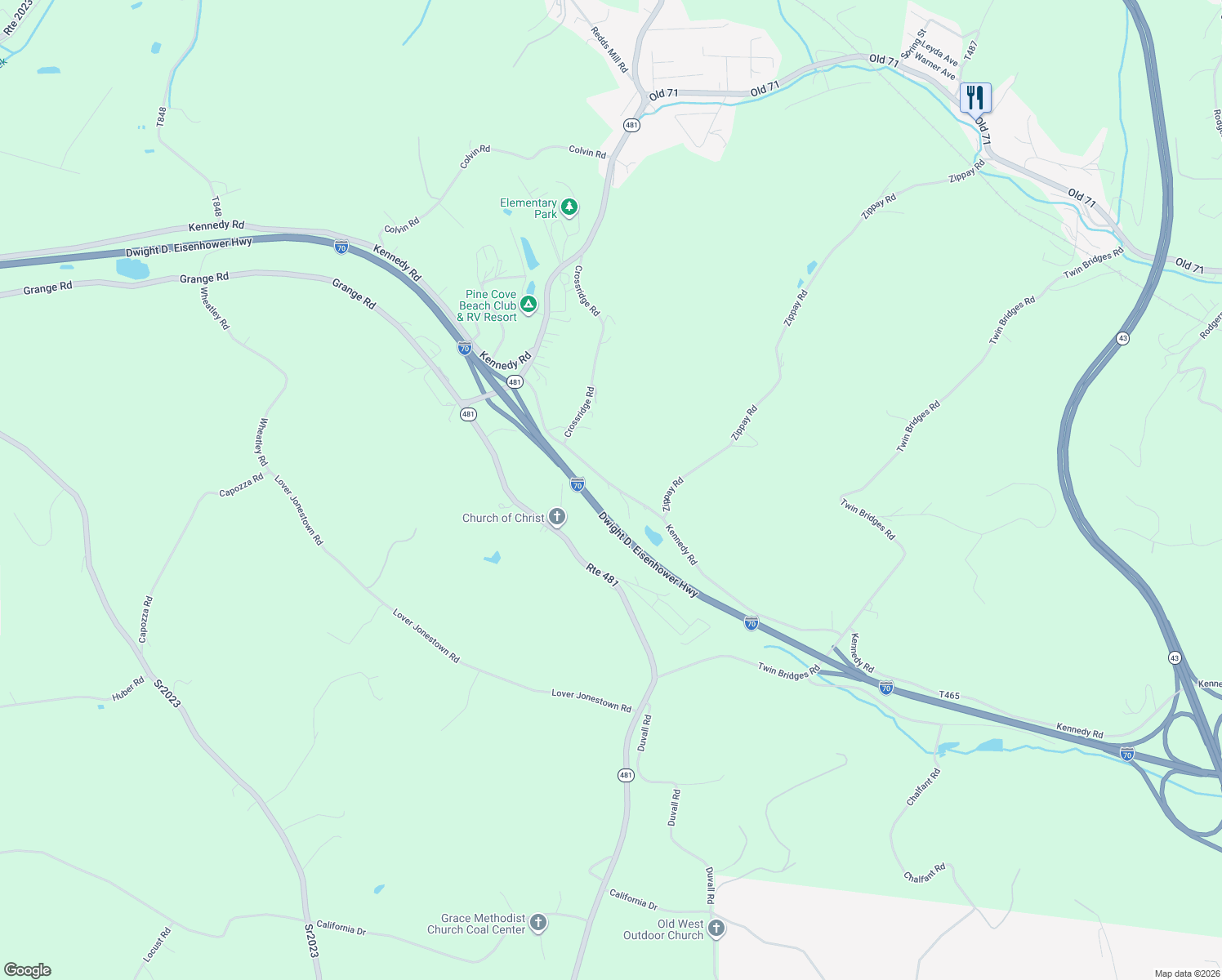map of restaurants, bars, coffee shops, grocery stores, and more near 420 Kennedy Road in Charleroi