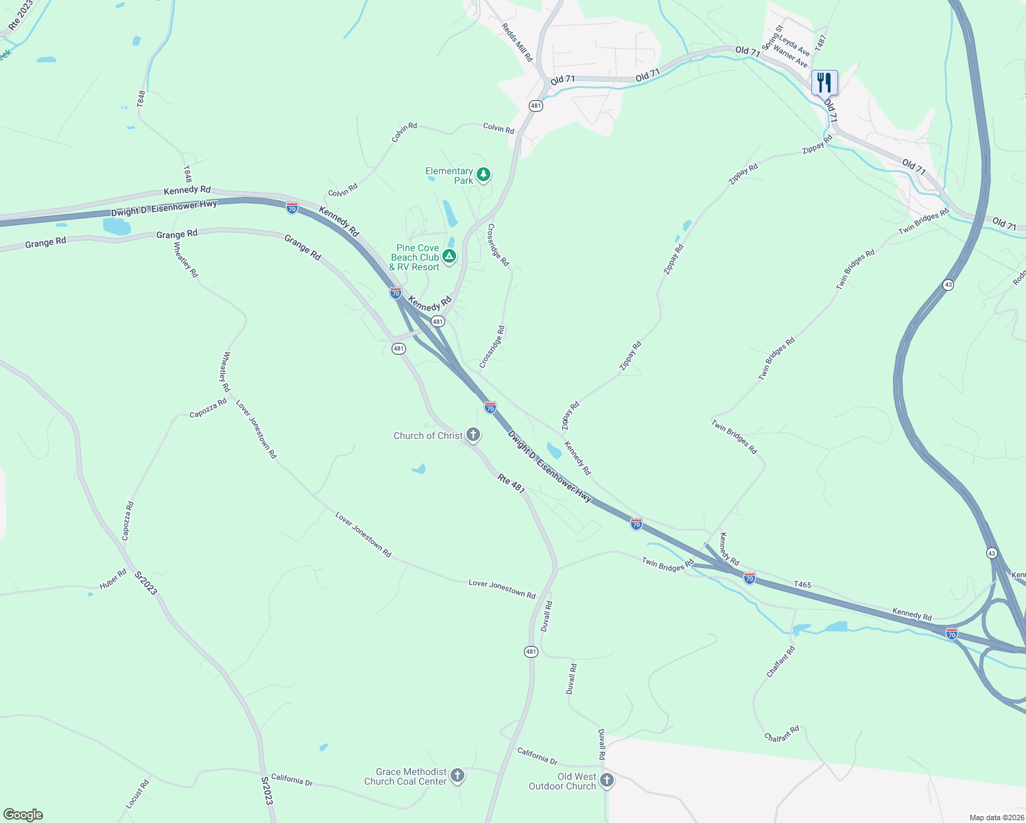 map of restaurants, bars, coffee shops, grocery stores, and more near 420 Kennedy Road in Charleroi