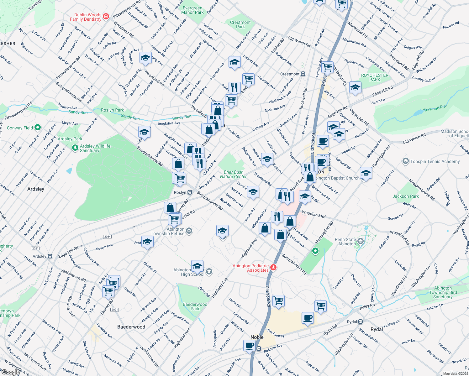 map of restaurants, bars, coffee shops, grocery stores, and more near 2153 Kent Road in Abington