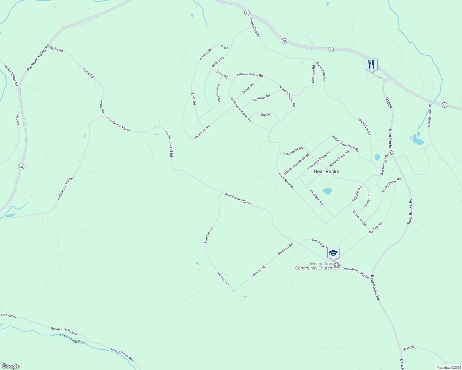 map of restaurants, bars, coffee shops, grocery stores, and more near 196 Cottonwood Road in Bear Rocks