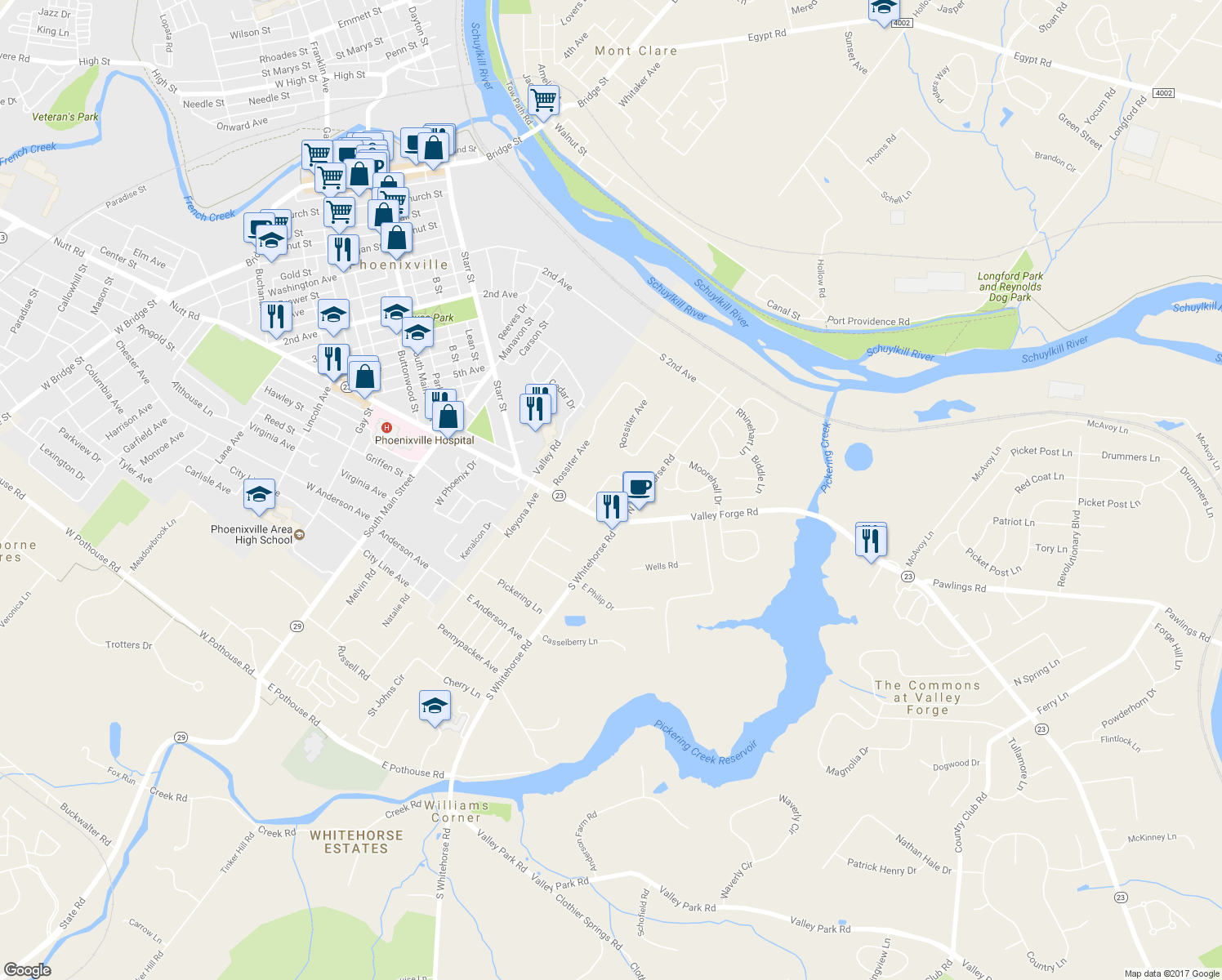 map of restaurants, bars, coffee shops, grocery stores, and more near 19 Vincent Road in Phoenixville