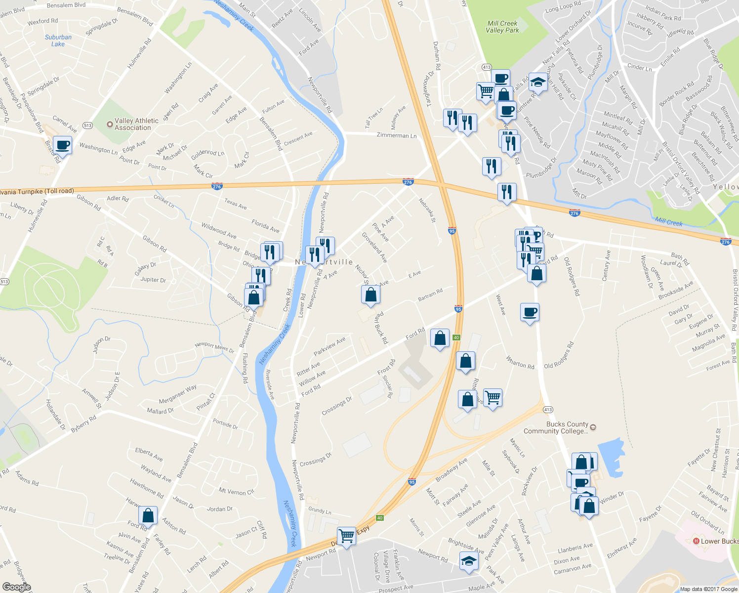 map of restaurants, bars, coffee shops, grocery stores, and more near 3701 Nichol Street in Levittown