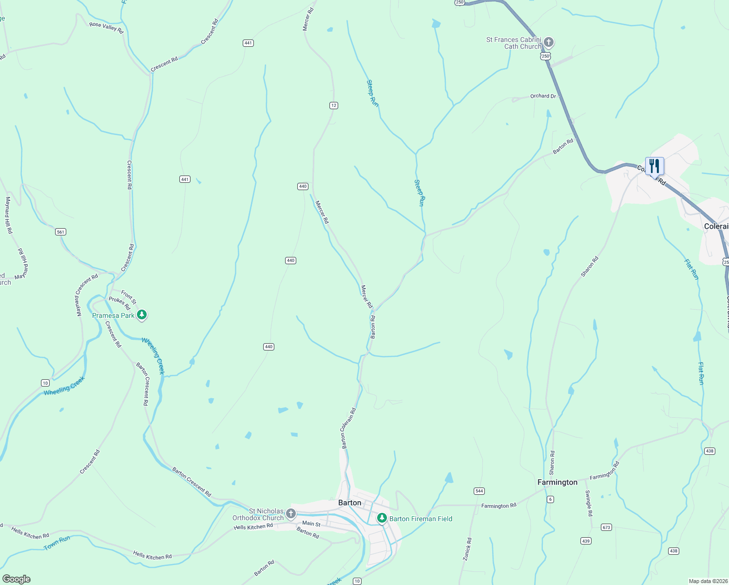 map of restaurants, bars, coffee shops, grocery stores, and more near 71491 Mercer Road in Saint Clairsville