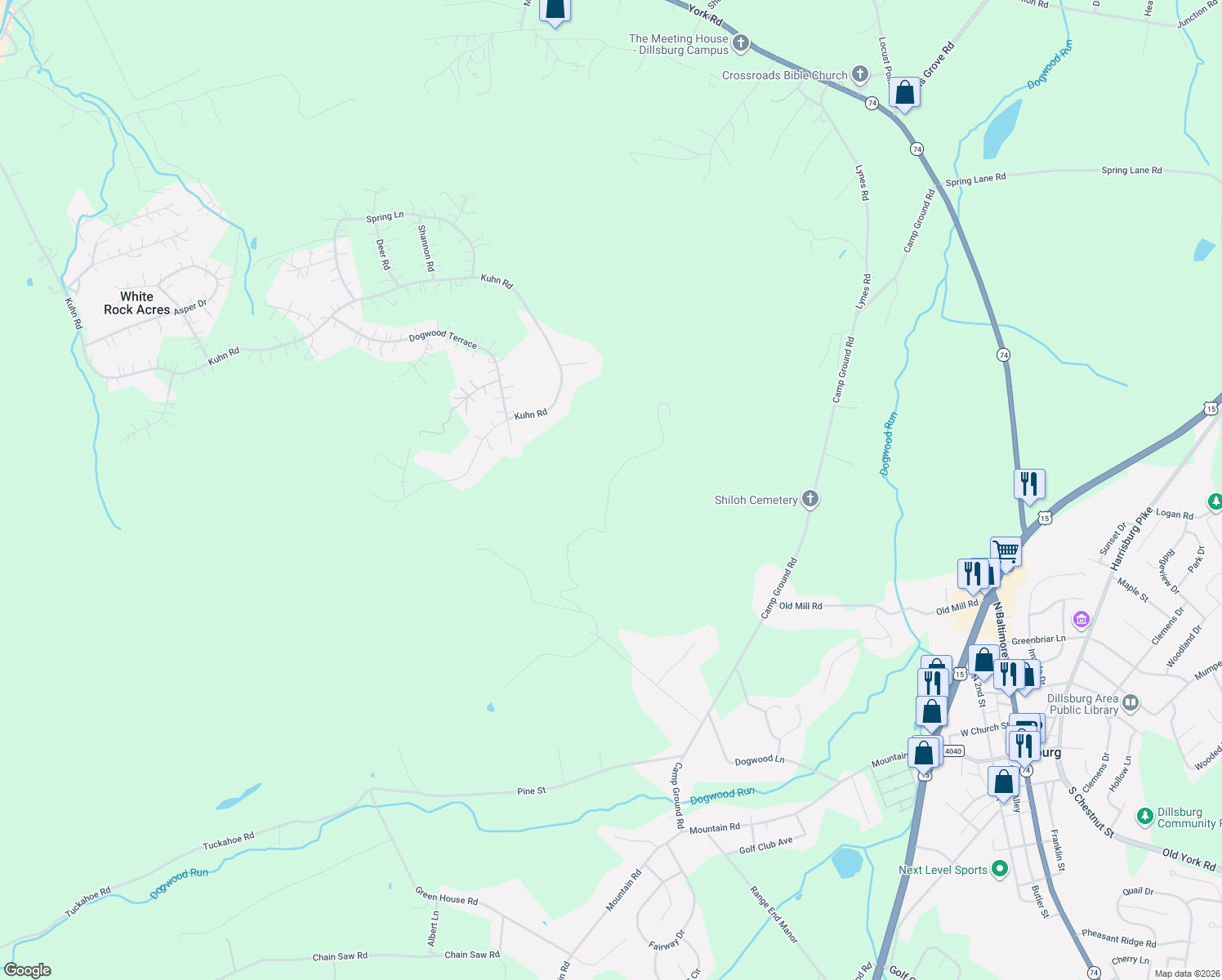 map of restaurants, bars, coffee shops, grocery stores, and more near 400 Cold Springs Road in Dillsburg