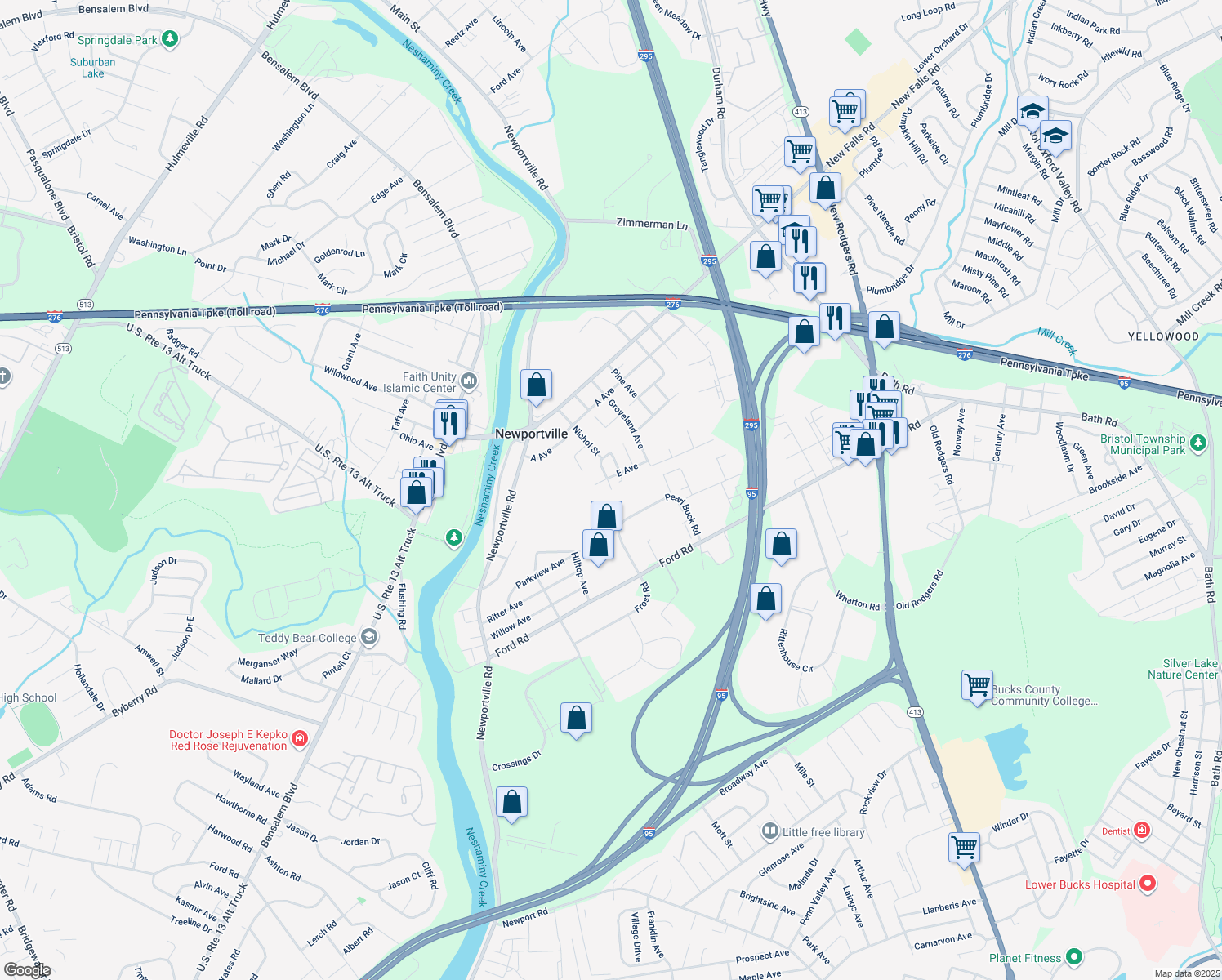 map of restaurants, bars, coffee shops, grocery stores, and more near 3702 Nichol Street in Levittown