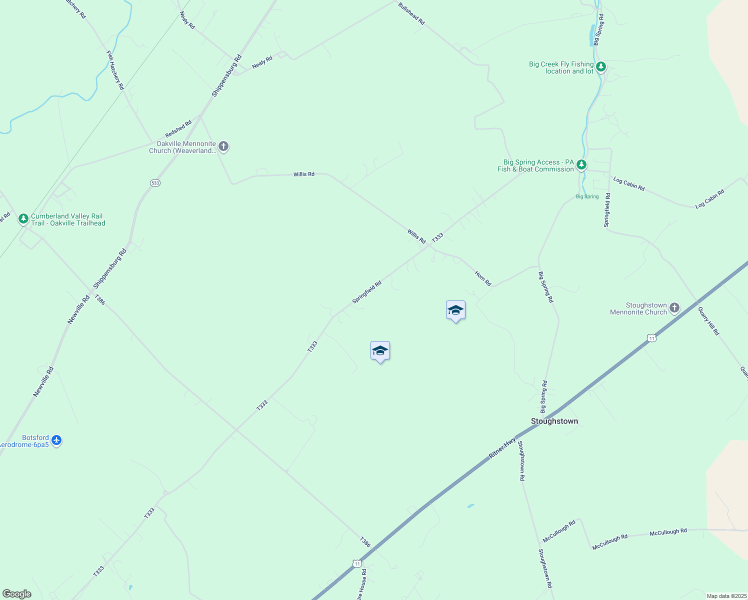 map of restaurants, bars, coffee shops, grocery stores, and more near 415 Springfield Rd in Shippensburg