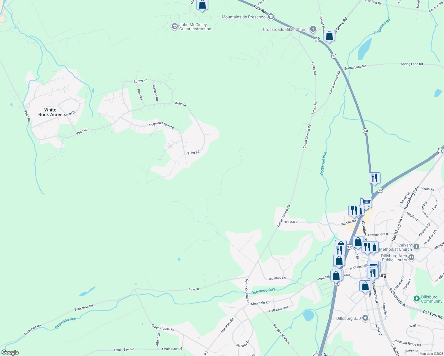 map of restaurants, bars, coffee shops, grocery stores, and more near 400 Cold Springs Road in Dillsburg