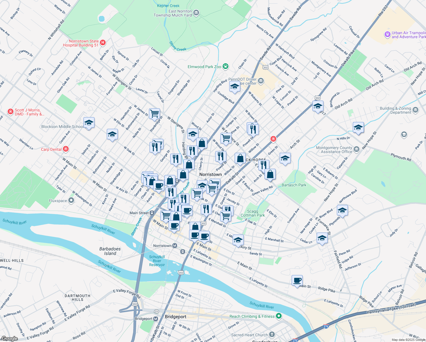 map of restaurants, bars, coffee shops, grocery stores, and more near 1047 Powell St in Norristown