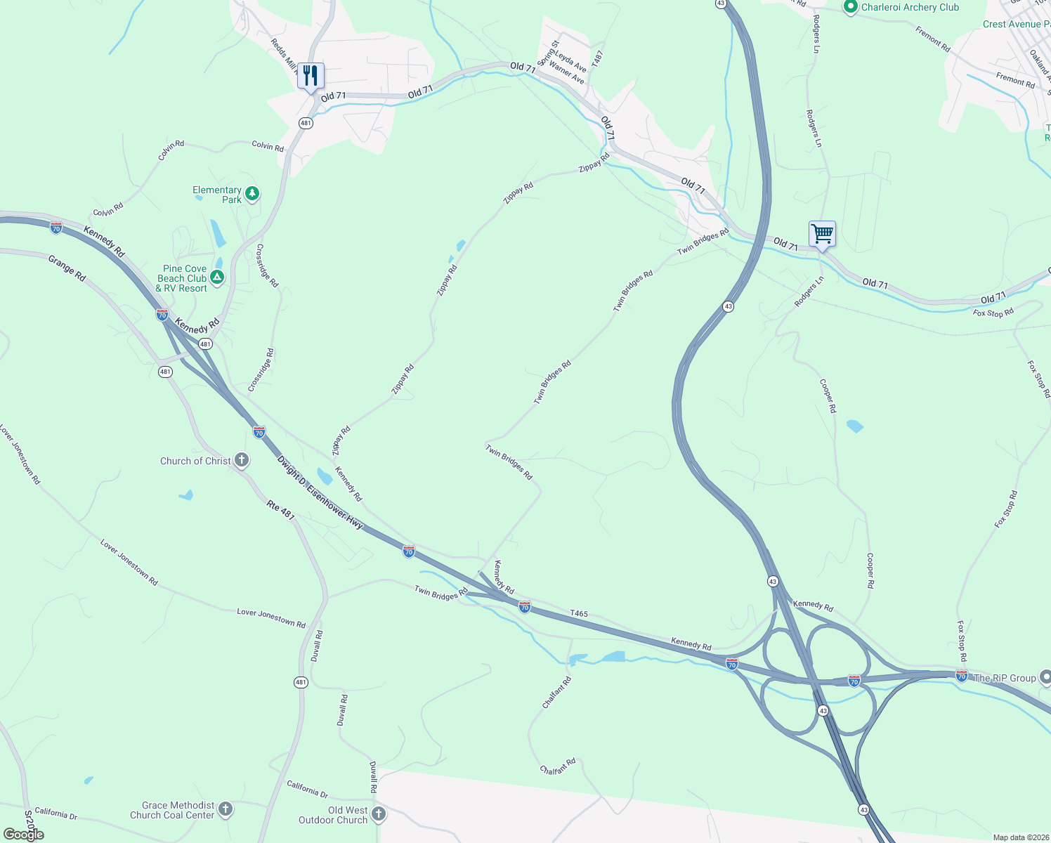 map of restaurants, bars, coffee shops, grocery stores, and more near 254 Twin Bridges Road in Charleroi