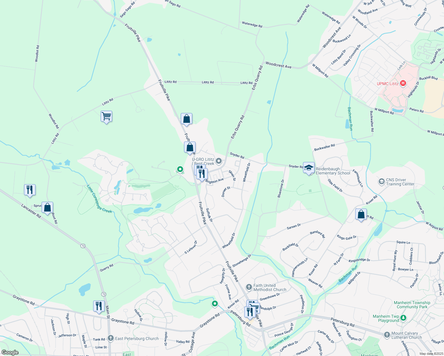 map of restaurants, bars, coffee shops, grocery stores, and more near 1000 Olympia Street in Lititz