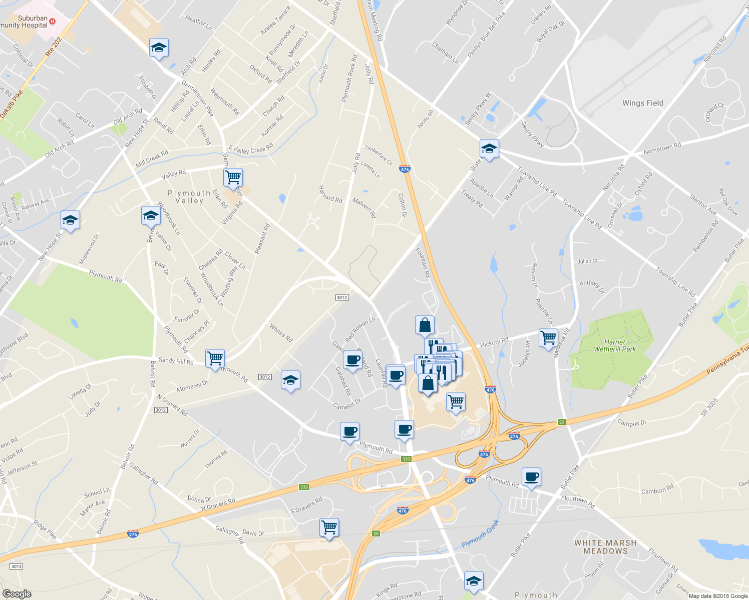 map of restaurants, bars, coffee shops, grocery stores, and more near 2900 Walton Road in Plymouth Meeting