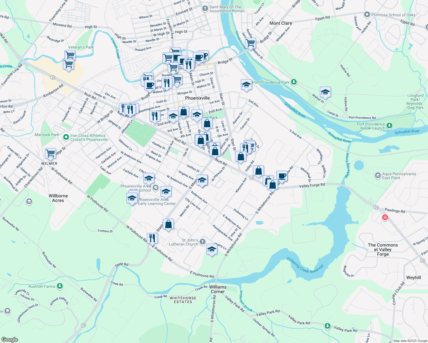 map of restaurants, bars, coffee shops, grocery stores, and more near 10 Dianna Drive in Phoenixville