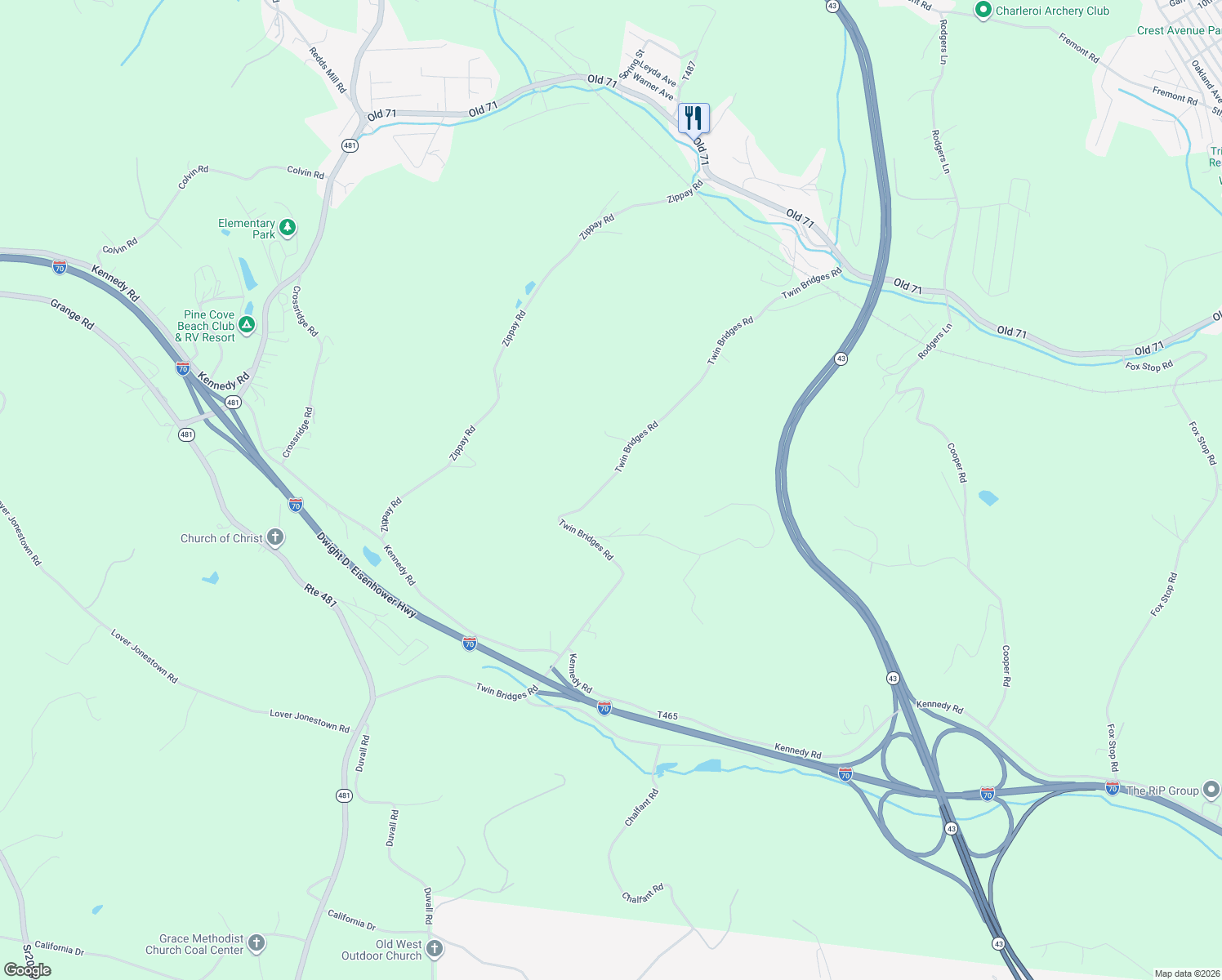 map of restaurants, bars, coffee shops, grocery stores, and more near 254 Twin Bridges Road in Charleroi
