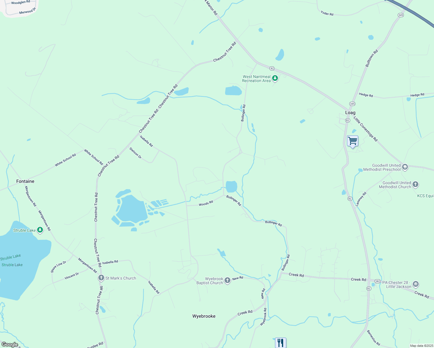 map of restaurants, bars, coffee shops, grocery stores, and more near 135 Bollinger Rd in Elverson