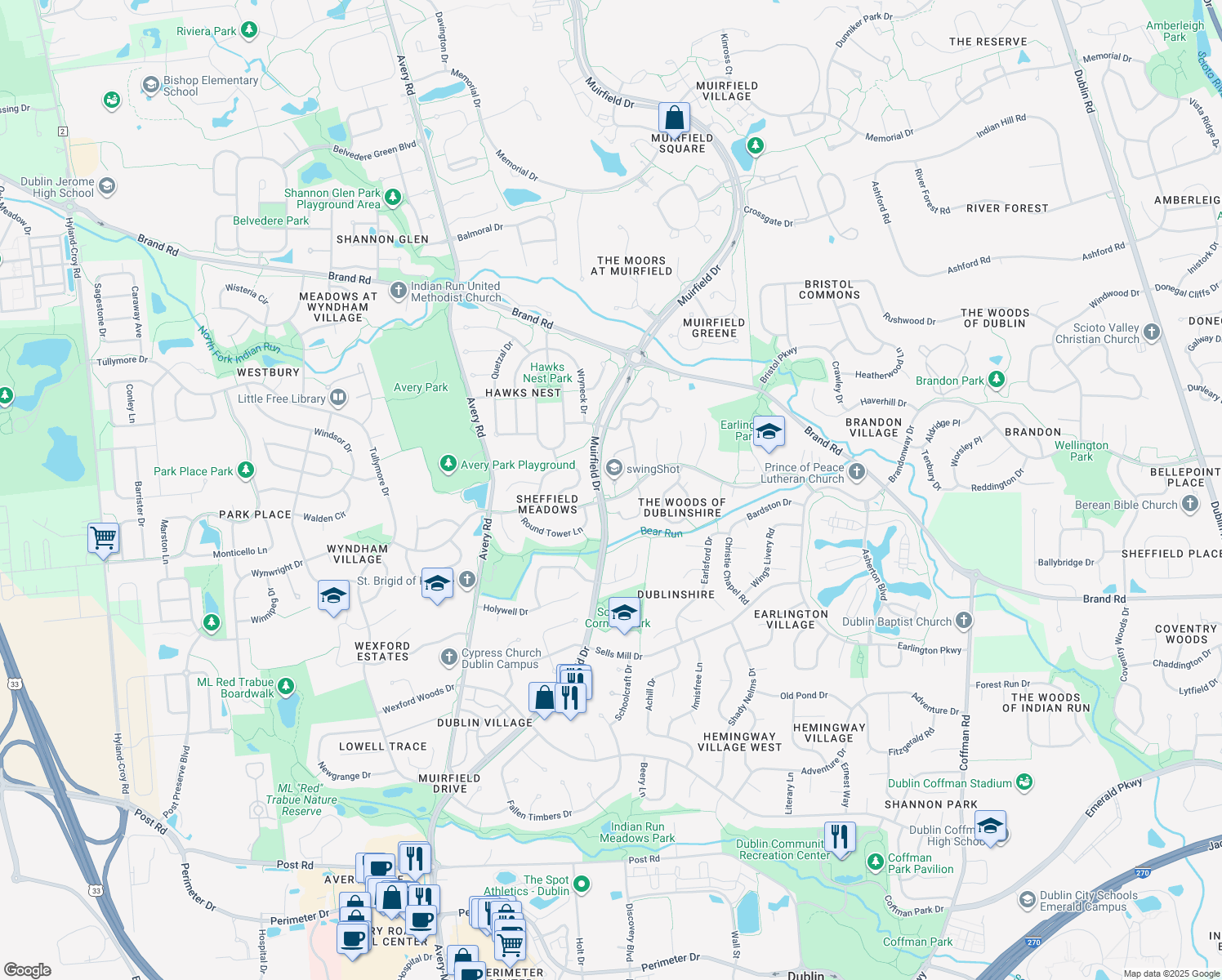 map of restaurants, bars, coffee shops, grocery stores, and more near 7701 Ardaugh Ct in Dublin