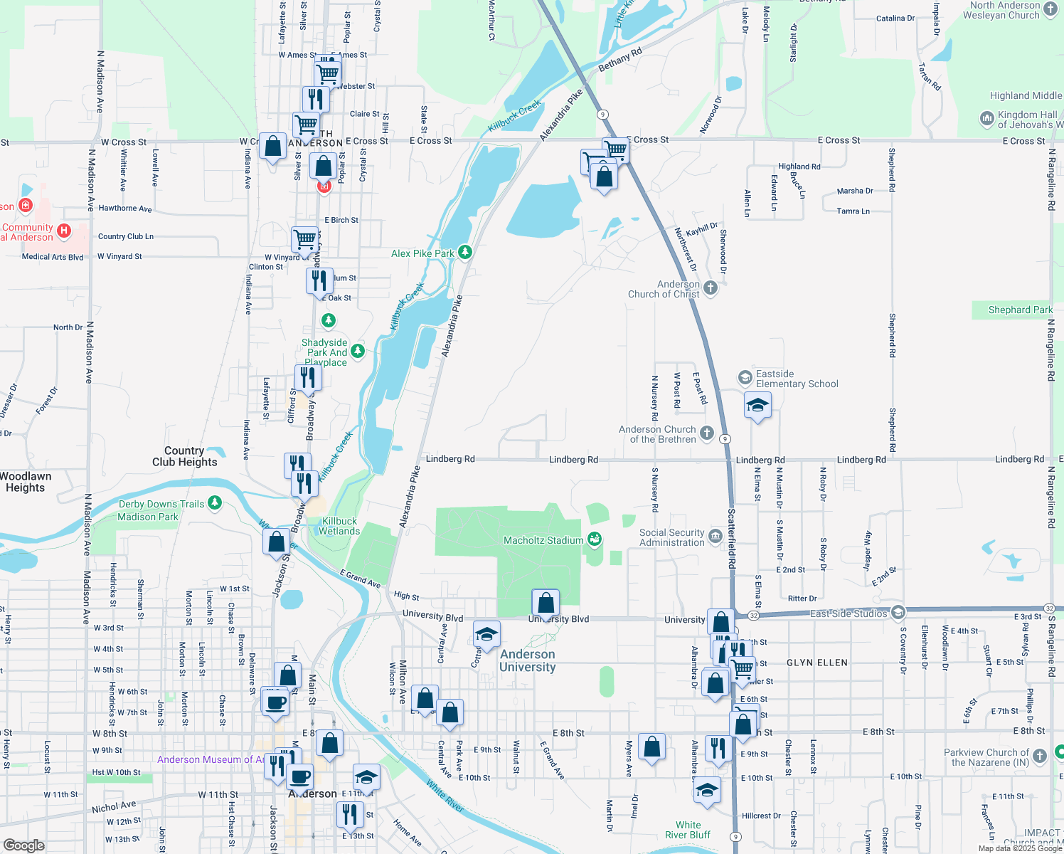 map of restaurants, bars, coffee shops, grocery stores, and more near 1115 Kingsmill Drive in Anderson