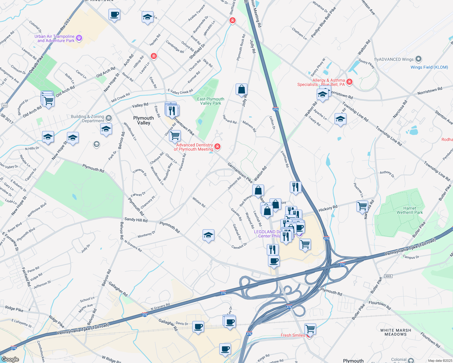 map of restaurants, bars, coffee shops, grocery stores, and more near 1935 Johnson Road in Plymouth Meeting