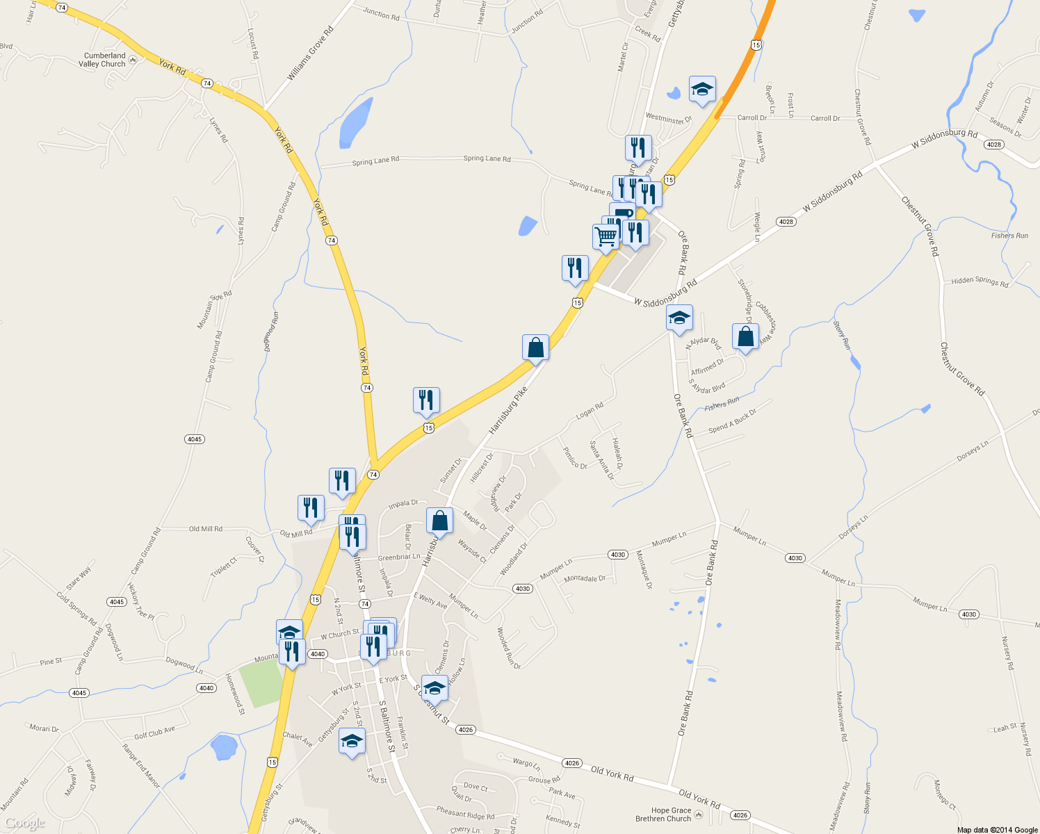 map of restaurants, bars, coffee shops, grocery stores, and more near 718 Harrisburg Pike in Dillsburg