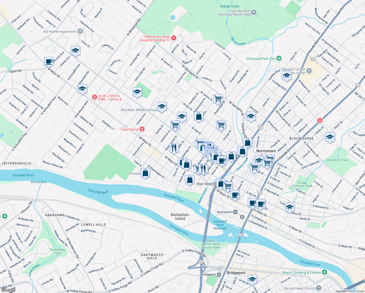 map of restaurants, bars, coffee shops, grocery stores, and more near 558 Noble Street in Norristown