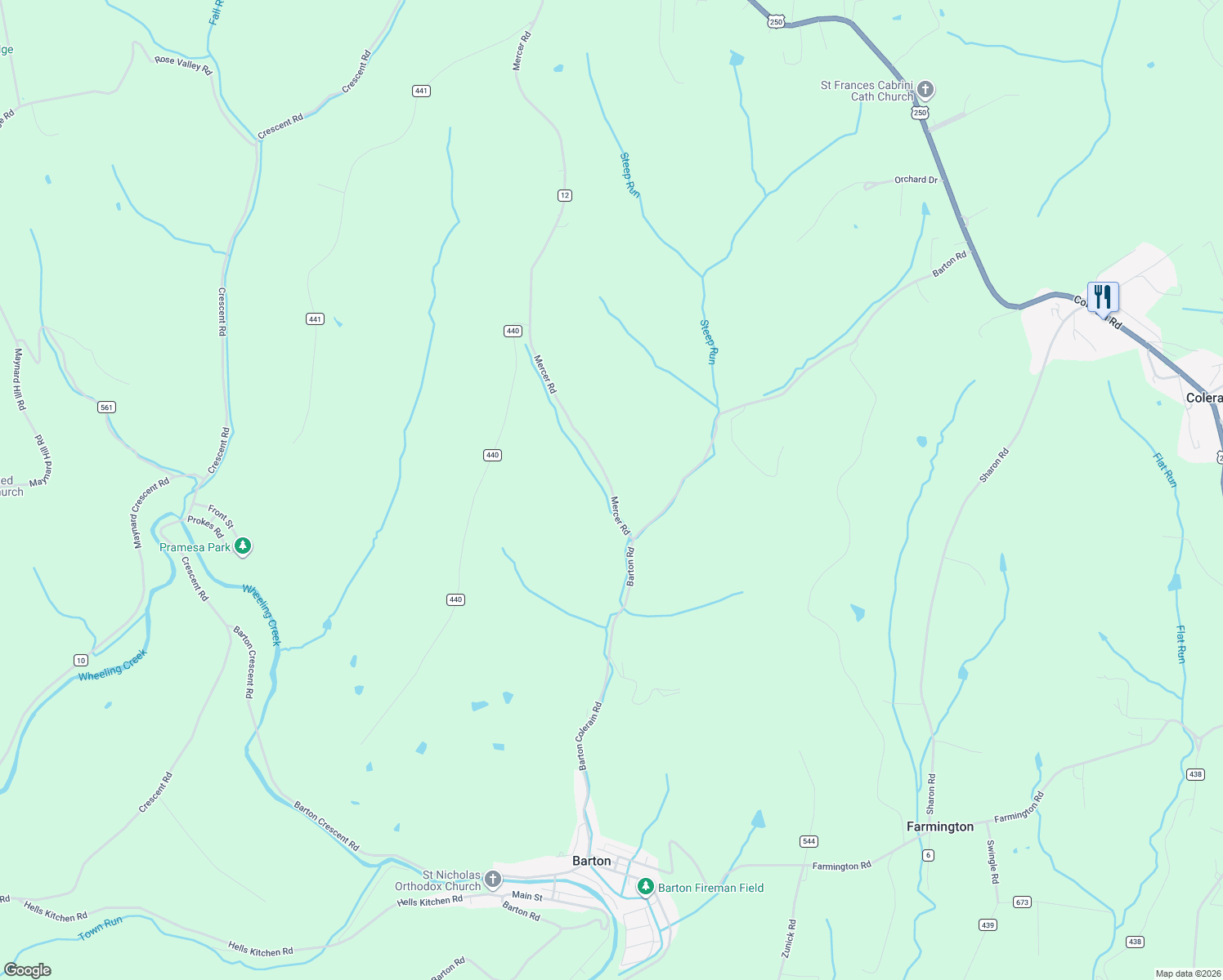 map of restaurants, bars, coffee shops, grocery stores, and more near 71491-71753 Mercer Road in Saint Clairsville