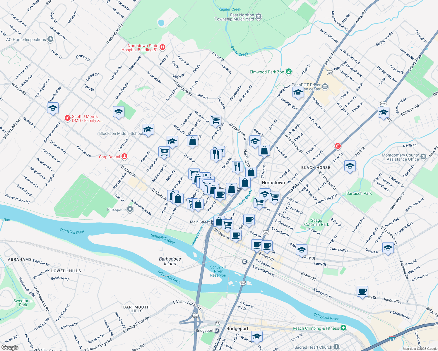 map of restaurants, bars, coffee shops, grocery stores, and more near 710 George Street in Norristown