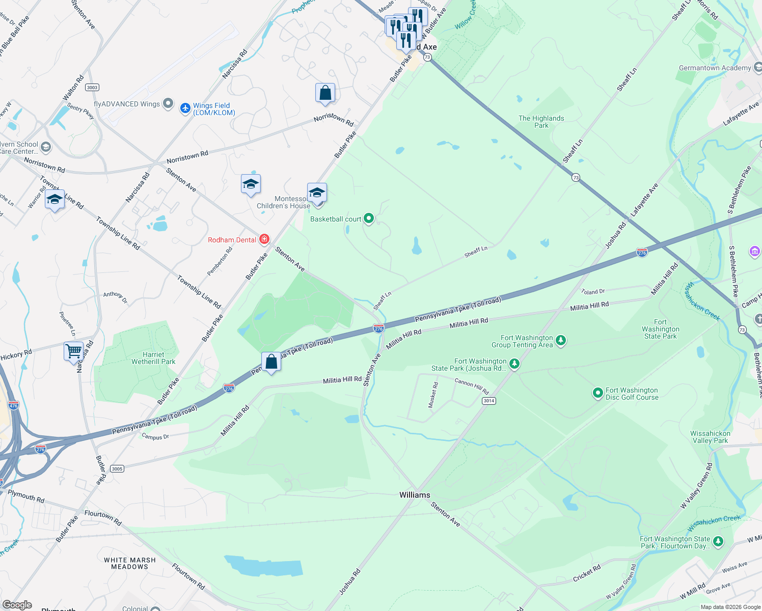 map of restaurants, bars, coffee shops, grocery stores, and more near 201 Stenton Avenue in Plymouth Meeting