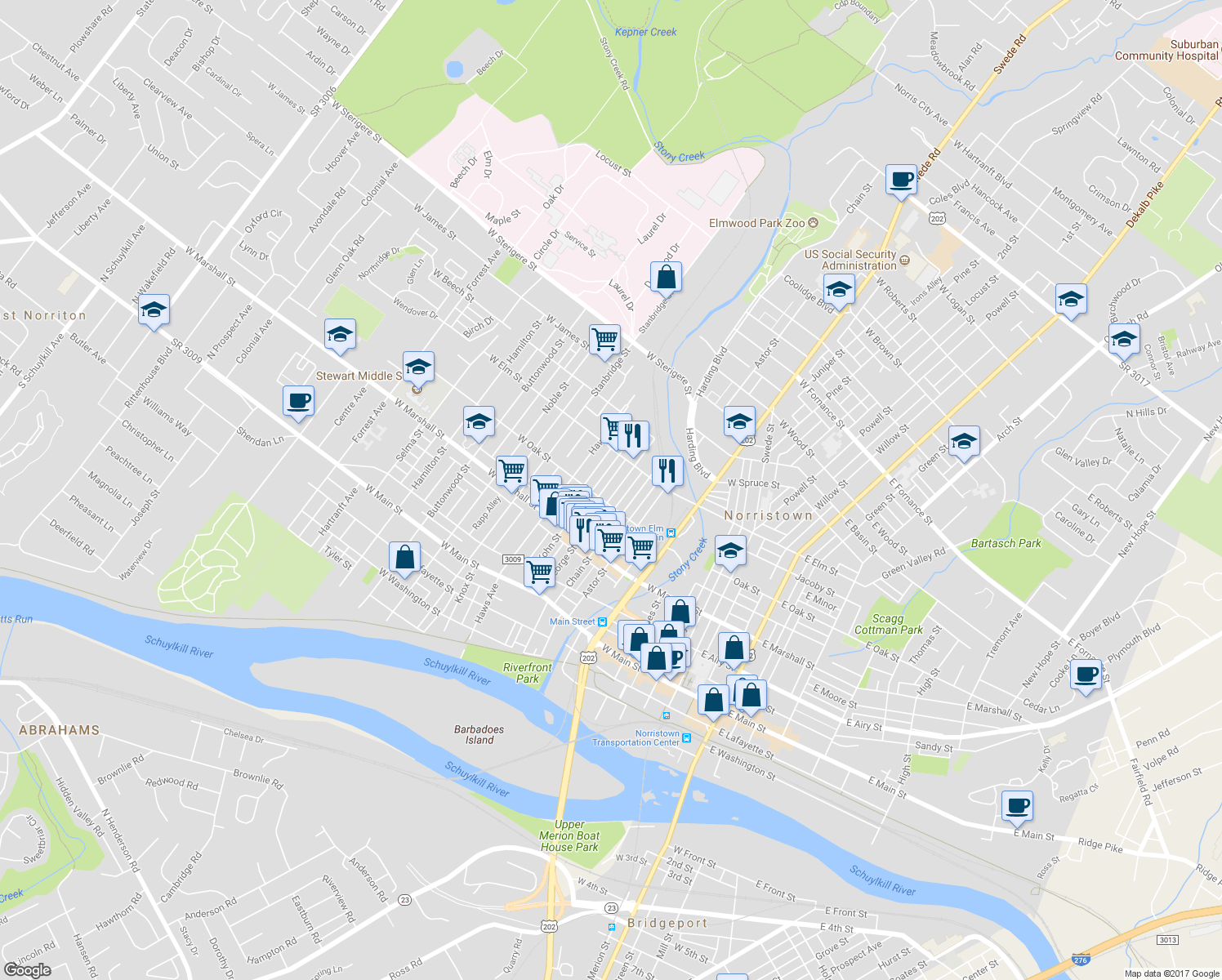 map of restaurants, bars, coffee shops, grocery stores, and more near 713 George Street in Norristown