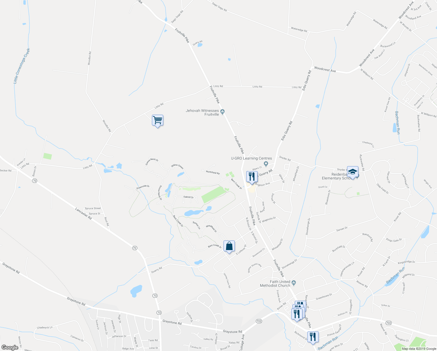 map of restaurants, bars, coffee shops, grocery stores, and more near 602 Northfield Road in Lititz