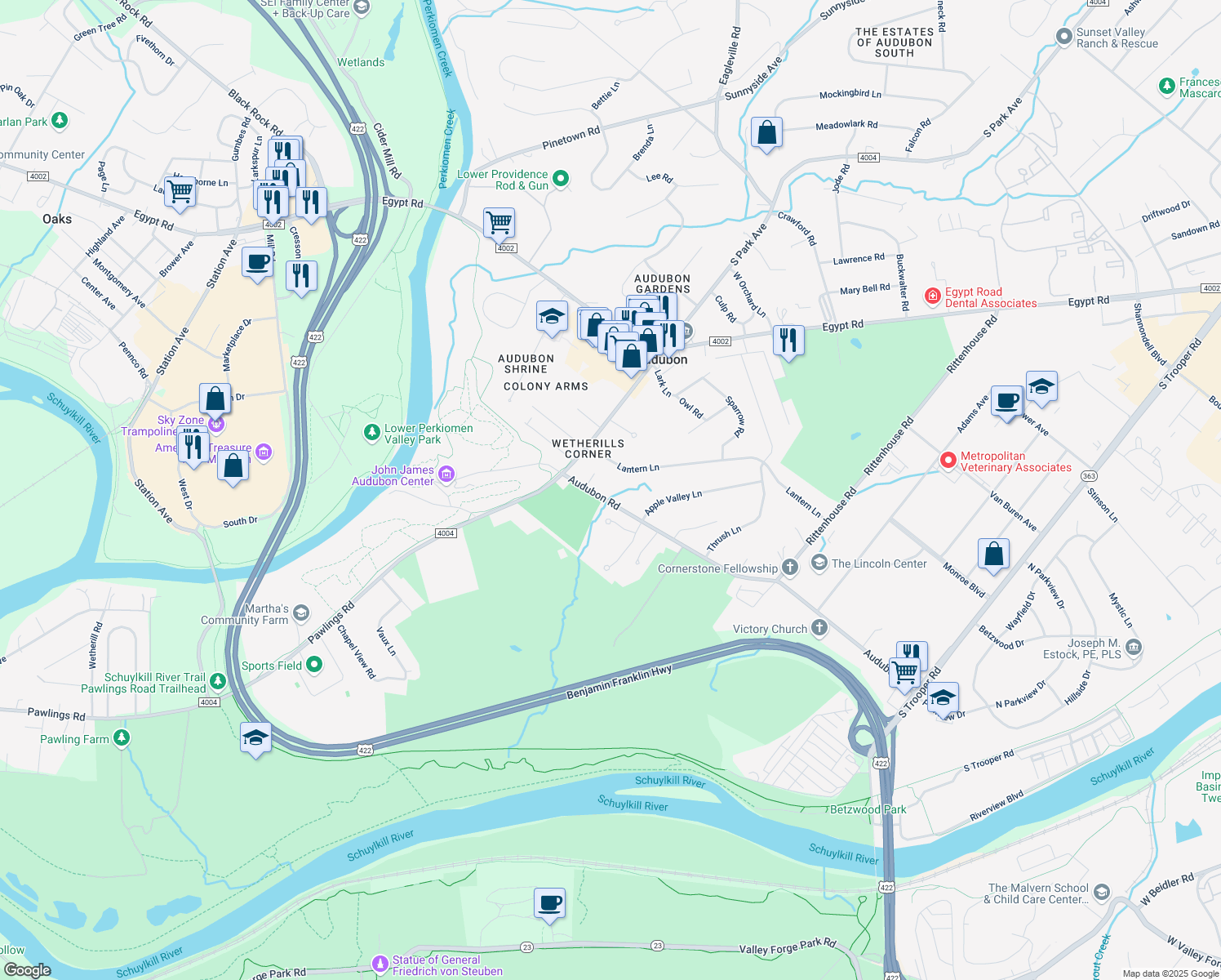 map of restaurants, bars, coffee shops, grocery stores, and more near 2777 Audubon Road in Eagleville