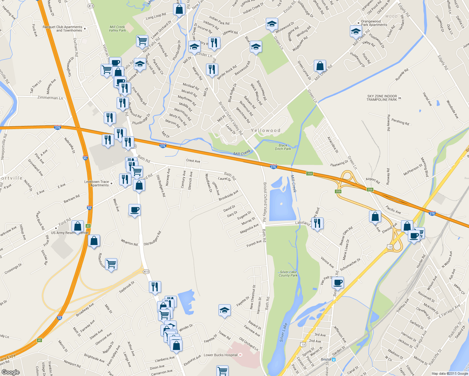 map of restaurants, bars, coffee shops, grocery stores, and more near 2505 Laurel Drive in Bristol