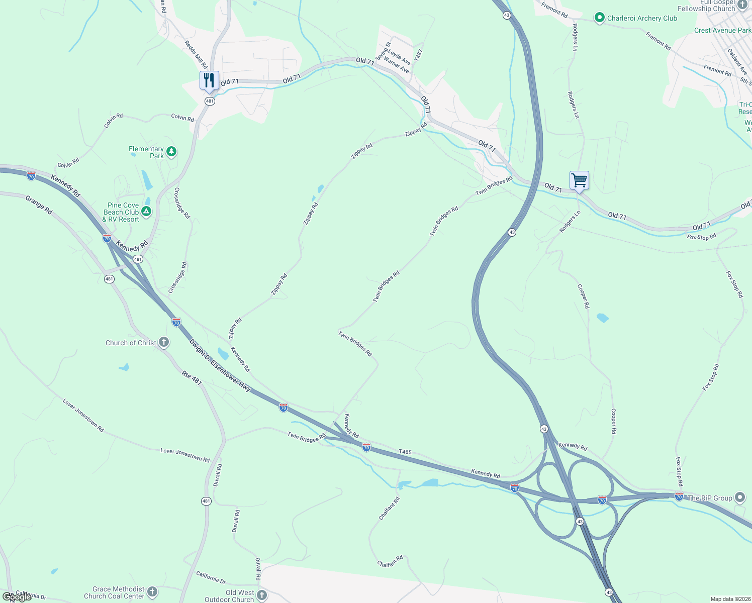 map of restaurants, bars, coffee shops, grocery stores, and more near 288 Twin Bridges Road in Charleroi