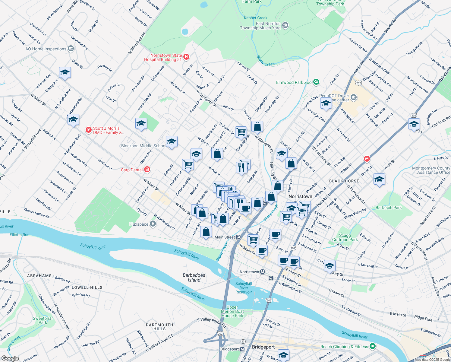 map of restaurants, bars, coffee shops, grocery stores, and more near 655 Haws Avenue in Norristown