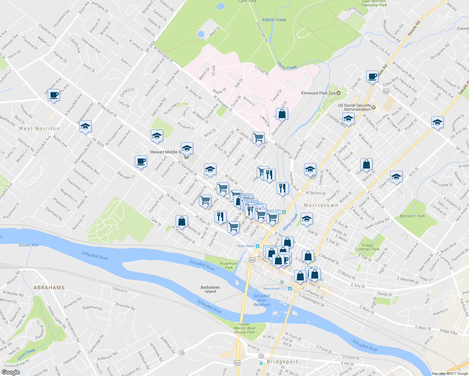 map of restaurants, bars, coffee shops, grocery stores, and more near 648 Stanbridge Street in Norristown