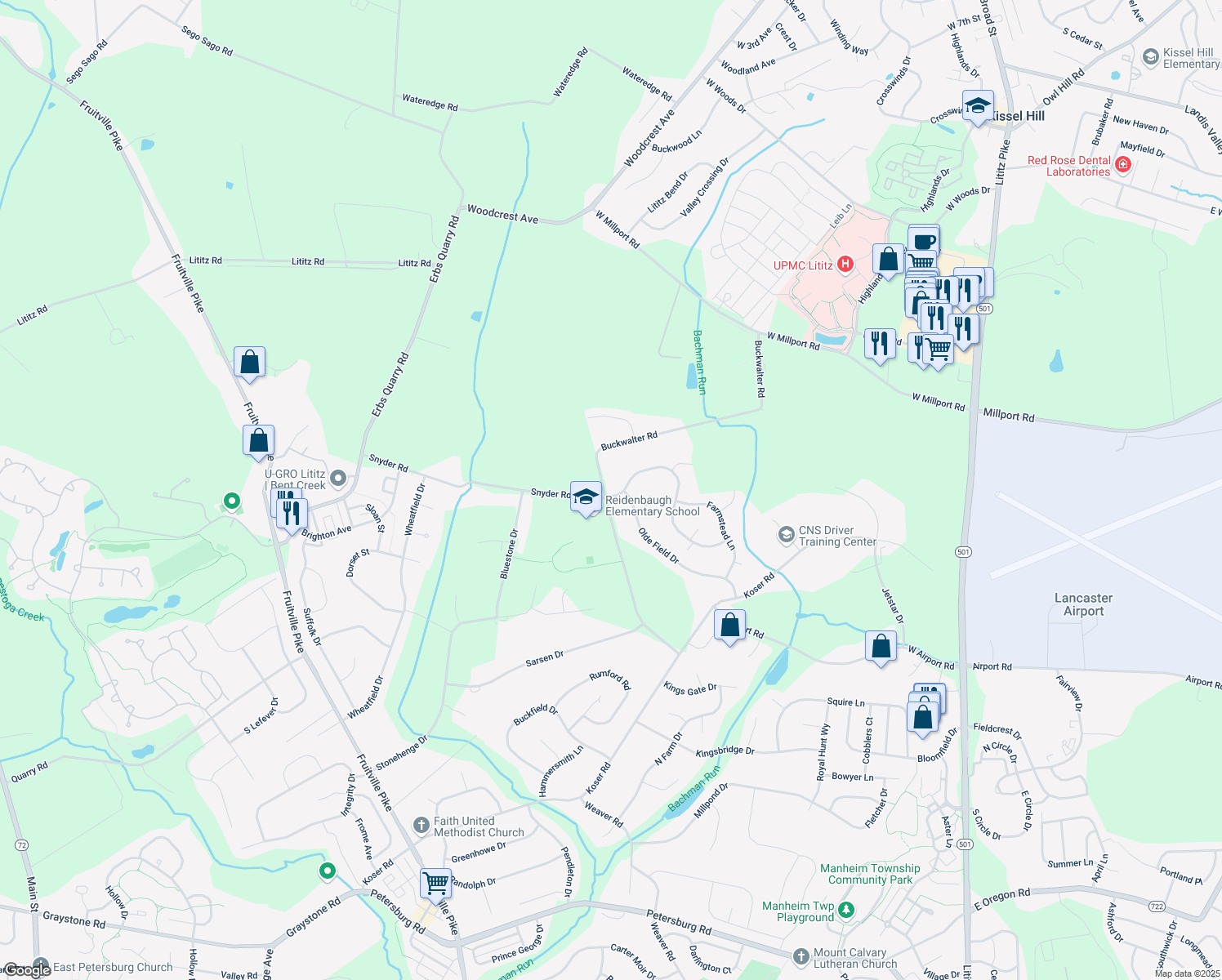 map of restaurants, bars, coffee shops, grocery stores, and more near 998 Buckwalter Road in Lititz