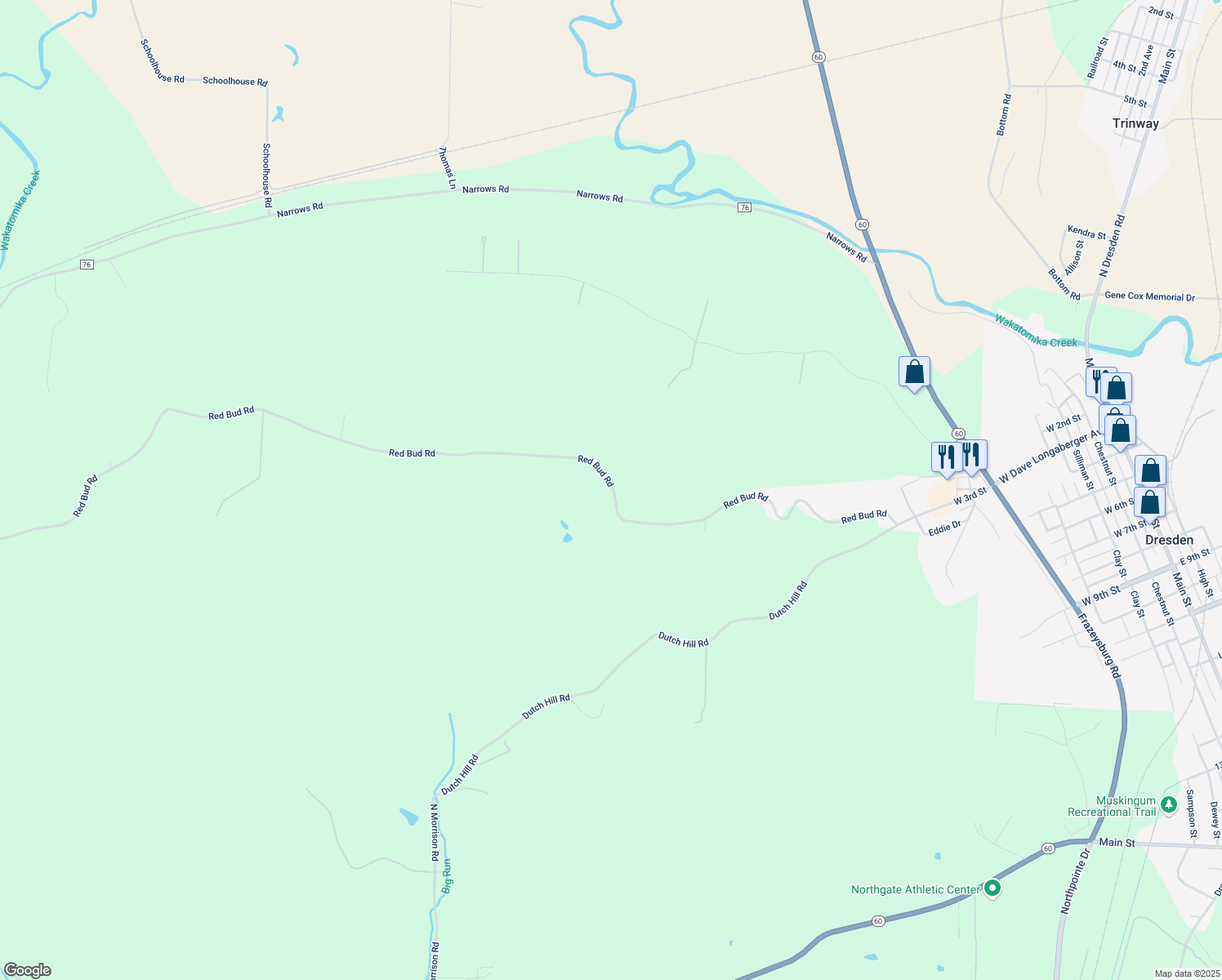 map of restaurants, bars, coffee shops, grocery stores, and more near 3615-4249 Red Bud Road in Dresden