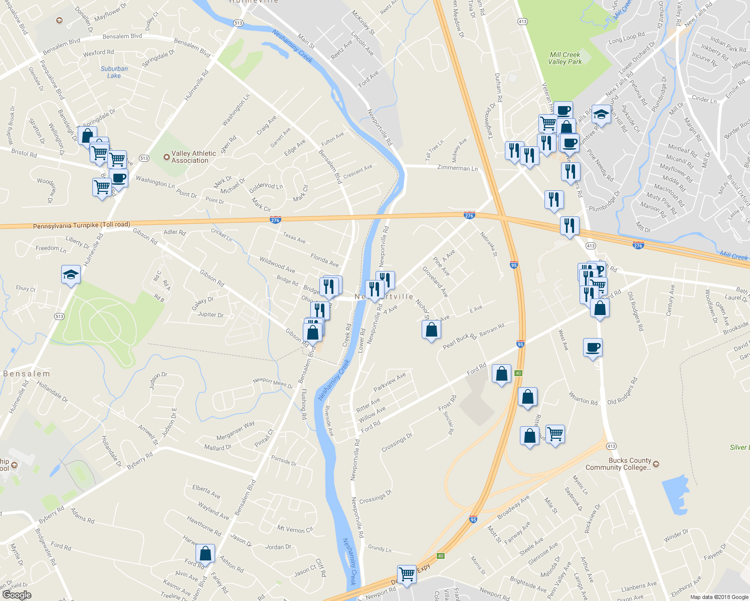 map of restaurants, bars, coffee shops, grocery stores, and more near 3901 Lower Road in Levittown